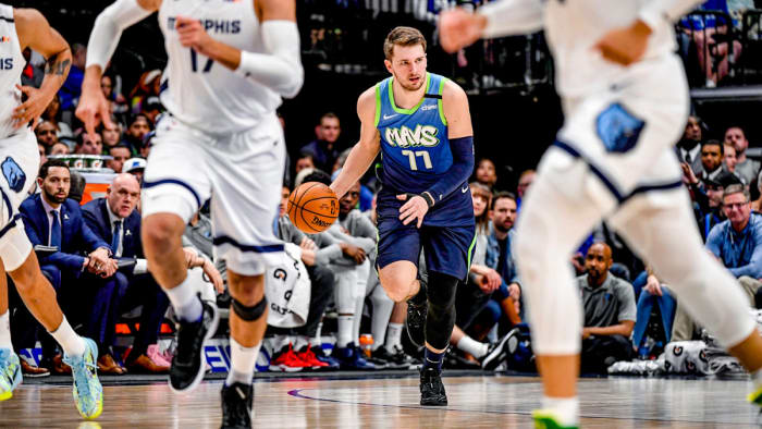 Luka Doncic brings the ball up the court against the Grizzlies